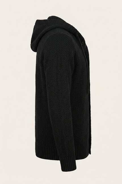 Hooded Waffle Cardigan - Black - Side