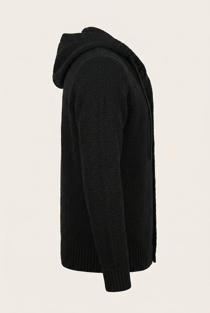 Hooded Waffle Cardigan - Black - Side