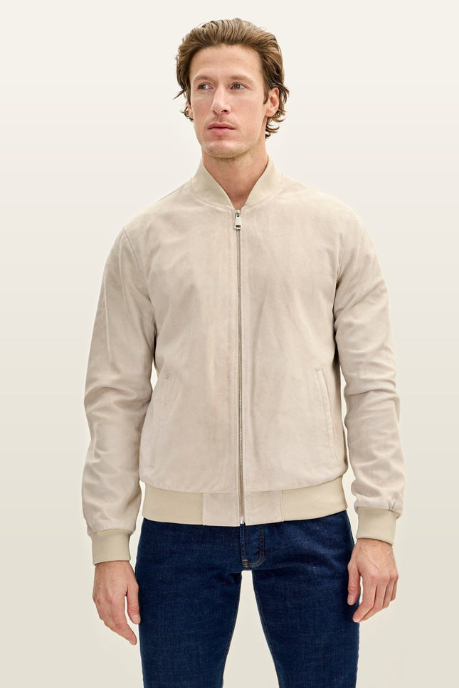 Classic Suede Leather Bomber - Beige