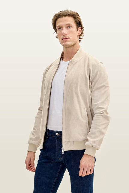Classic Suede Leather Bomber - Beige