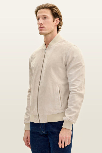 Classic Suede Leather Bomber - Beige