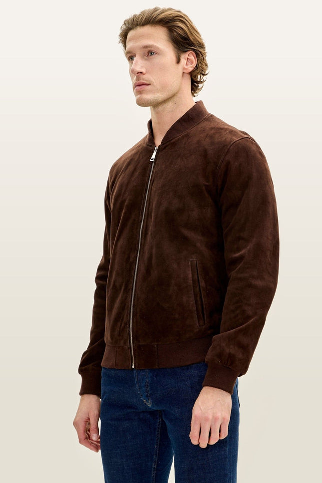 Classic Suede Leather Bomber - Chocolate Brown