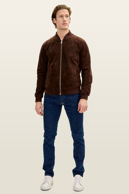 Classic Suede Leather Bomber - Chocolate Brown
