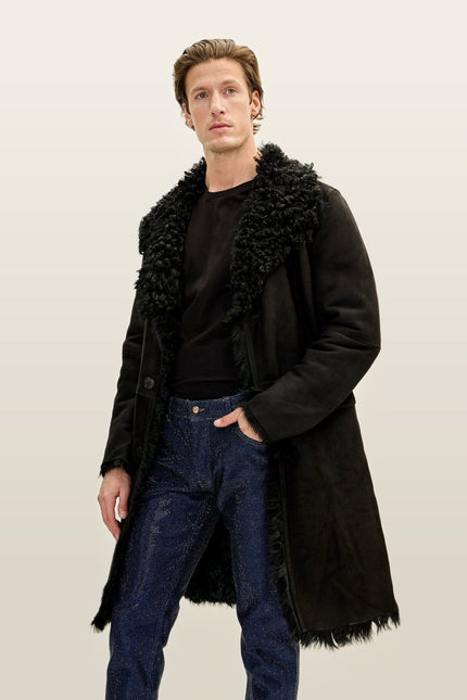 Lambskin Suede Shearling-Lined Overcoat - Black