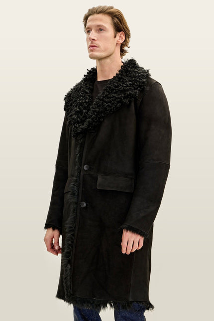Lambskin Suede Shearling-Lined Overcoat - Black