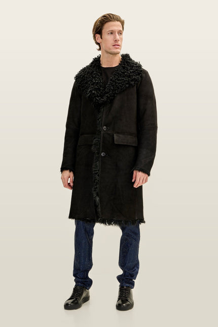 Lambskin Suede Shearling-Lined Overcoat - Black