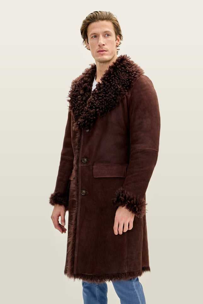 Lambskin Suede Shearling-Lined Overcoat - Brown