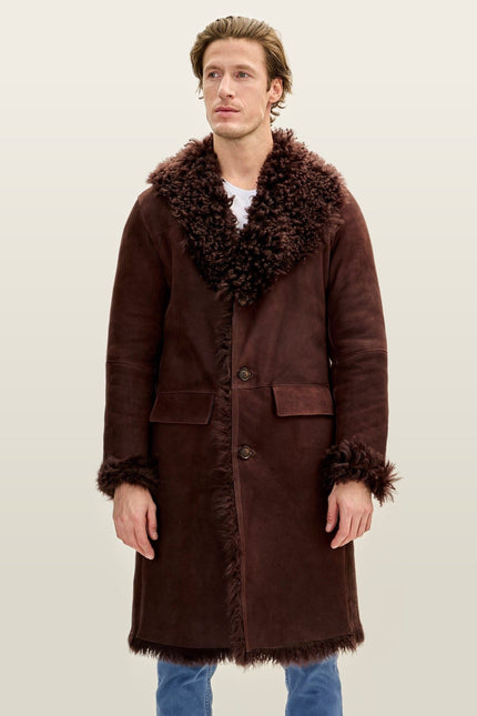 Lambskin Suede Shearling-Lined Overcoat - Brown