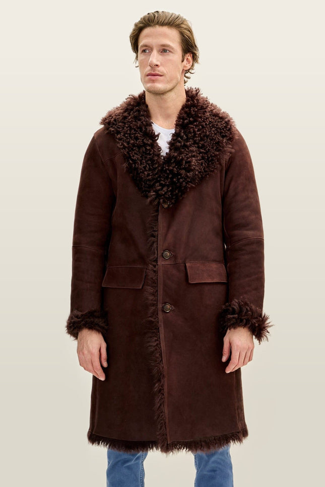 Lambskin Suede Shearling-Lined Overcoat - Brown