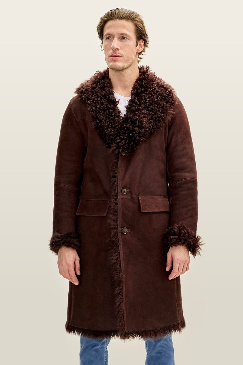 Lambskin Suede Shearling-Lined Overcoat - Brown