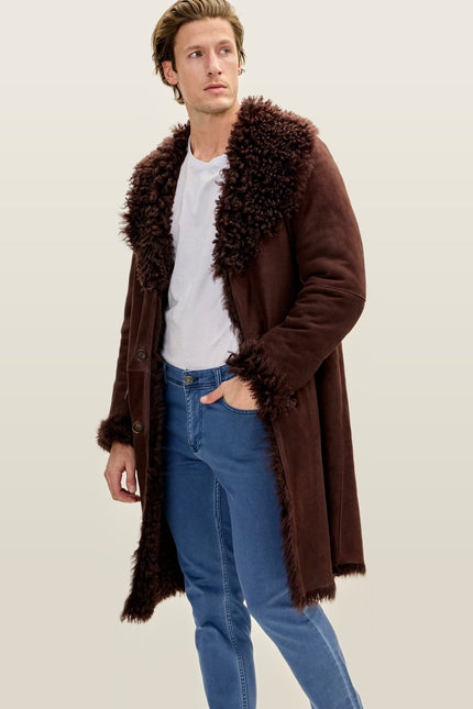 Lambskin Suede Shearling-Lined Overcoat - Brown