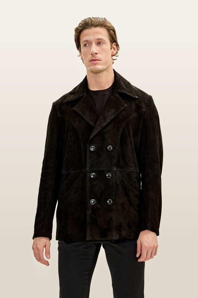 Double-Breasted Lambskin Suede Peacoat - Black
