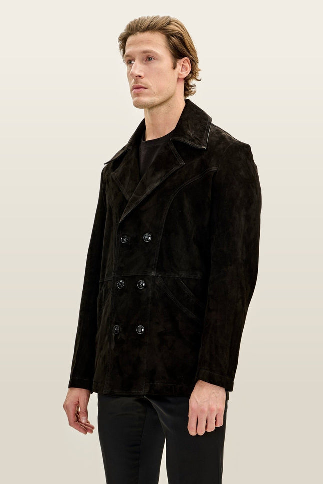 Double-Breasted Lambskin Suede Peacoat - Black