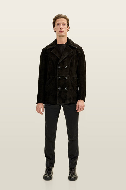 Double-Breasted Lambskin Suede Peacoat - Black