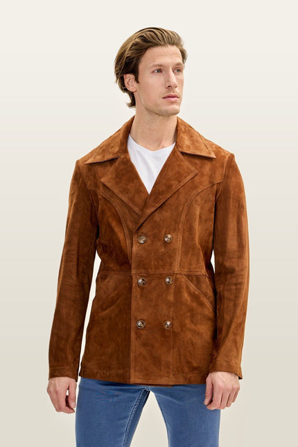 Double-Breasted Lambskin Suede Peacoat - Camel