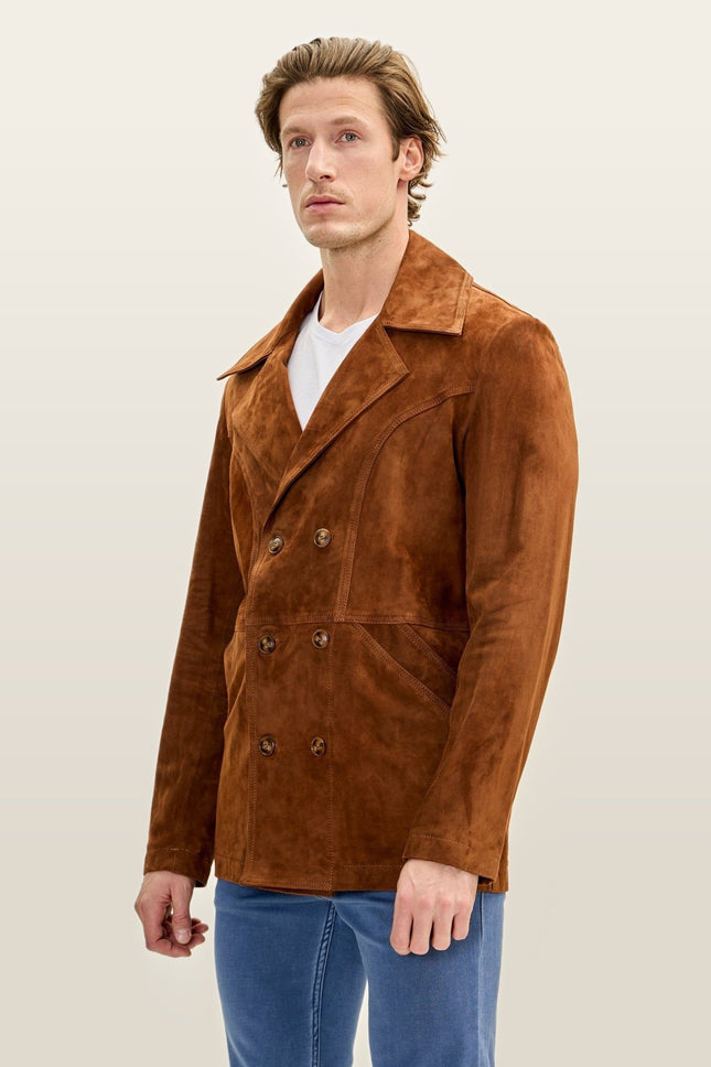 Double-Breasted Lambskin Suede Peacoat - Camel