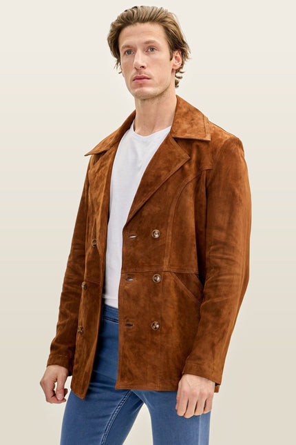 Double-Breasted Lambskin Suede Peacoat - Camel
