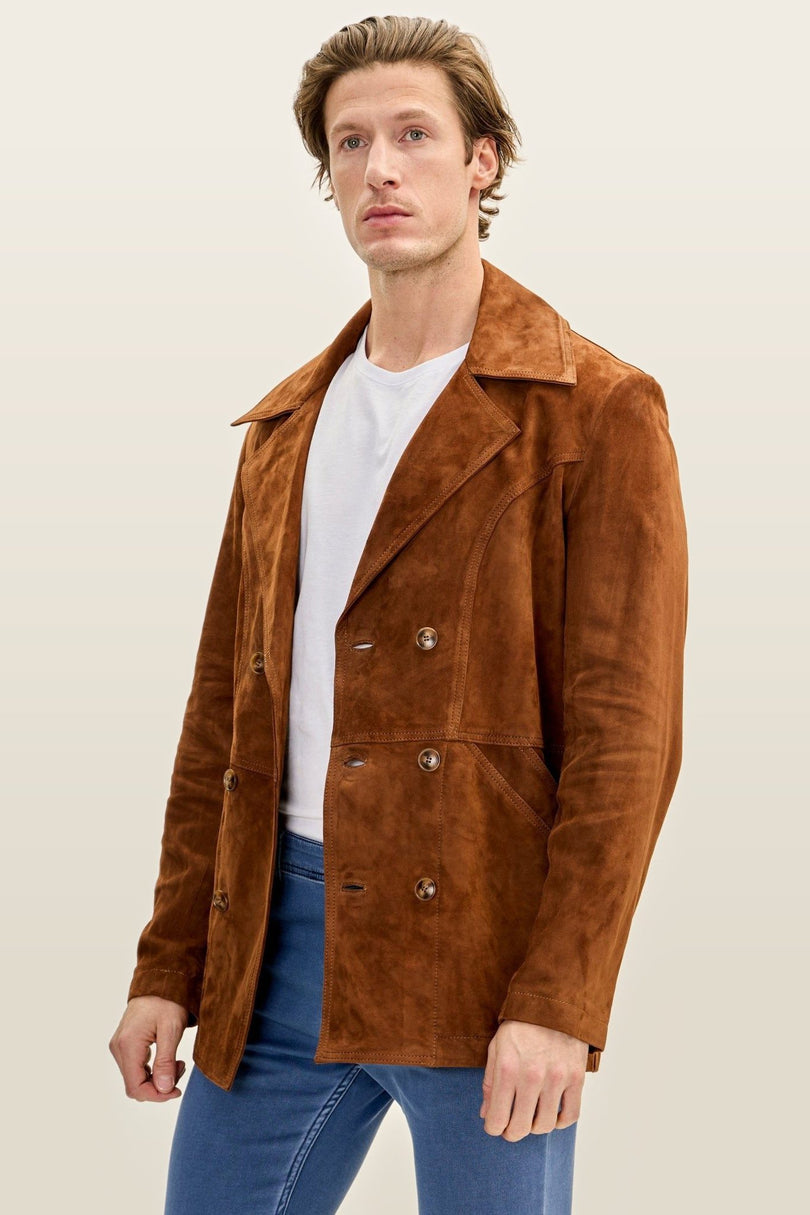 Double-Breasted Lambskin Suede Peacoat - Camel