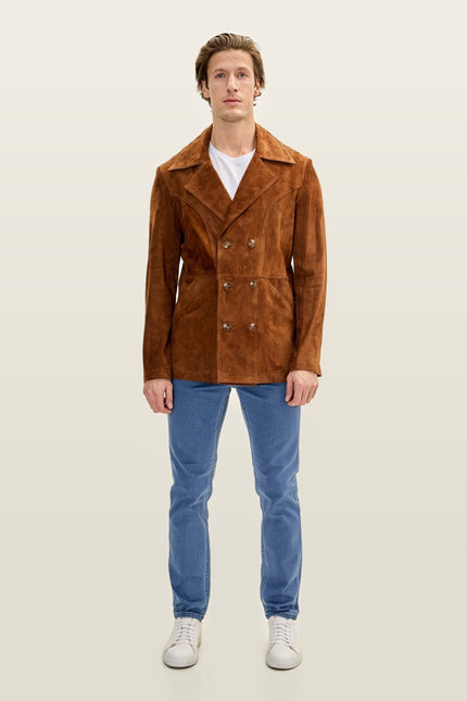 Double-Breasted Lambskin Suede Peacoat - Camel