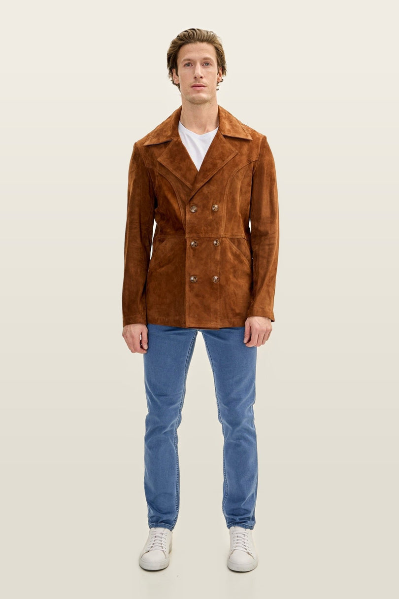 Double-Breasted Lambskin Suede Peacoat - Camel