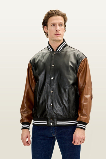 Two Tone Varsity Leather Jacket - Black Brown