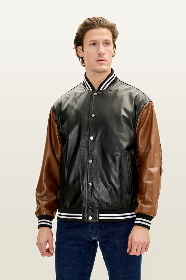 Two Tone Varsity Leather Jacket - Black Brown