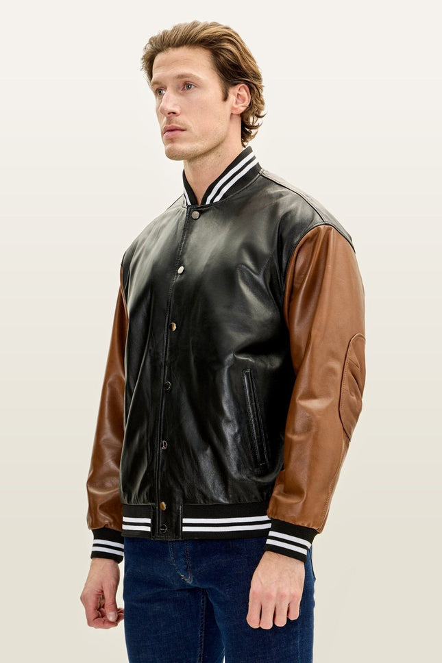 Two Tone Varsity Leather Jacket - Black Brown