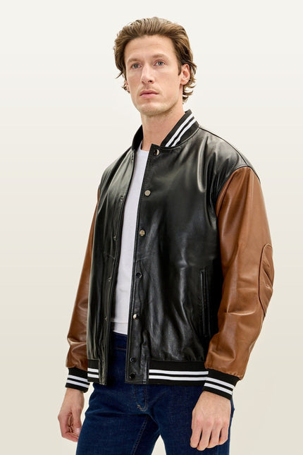 Two Tone Varsity Leather Jacket - Black Brown