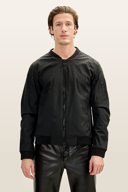 Crystal Embellished Lightweight Bomber Jacket - Black