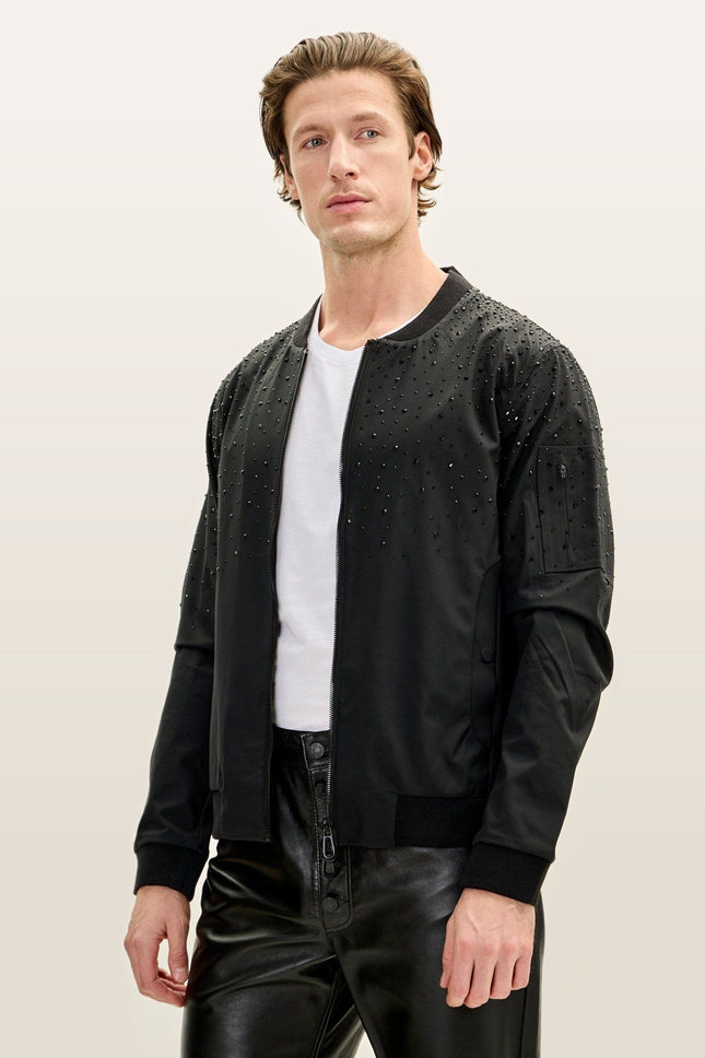 Crystal Embellished Lightweight Bomber Jacket - Black
