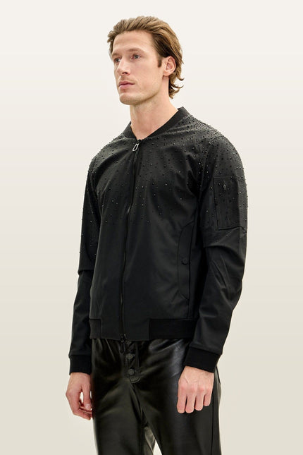Crystal Embellished Lightweight Bomber Jacket - Black