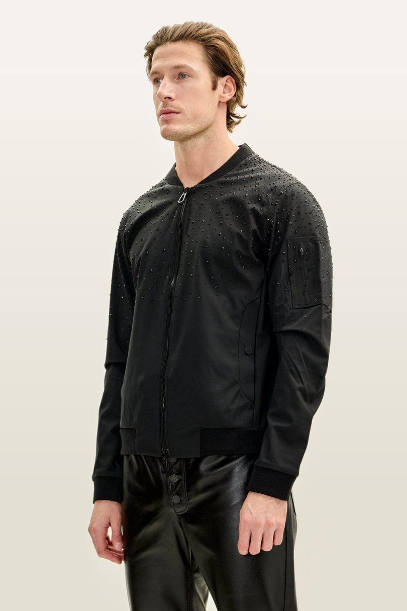 Crystal Embellished Lightweight Bomber Jacket - Black