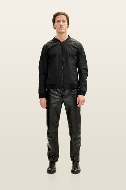 Crystal Embellished Lightweight Bomber Jacket - Black