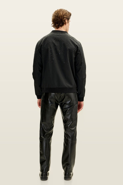 Crystal Embellished Lightweight Bomber Jacket - Black