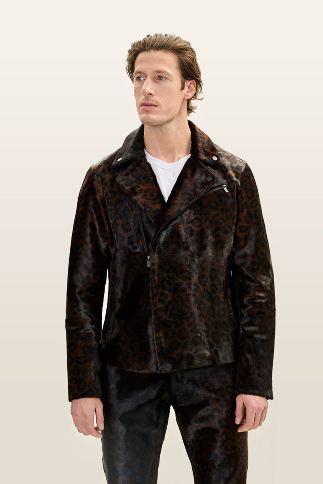 Calf Hair Asymmetric Moto Jacket - Black Leopard