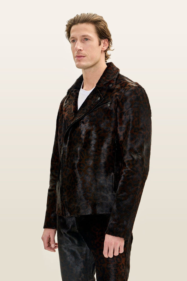 Calf Hair Asymmetric Moto Jacket - Black Leopard