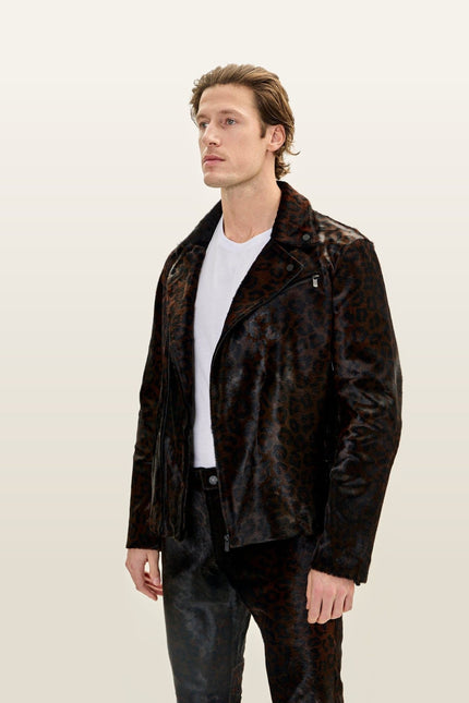 Calf Hair Asymmetric Moto Jacket - Black Leopard