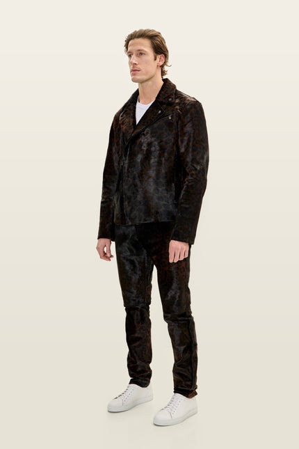 Calf Hair Asymmetric Moto Jacket - Black Leopard