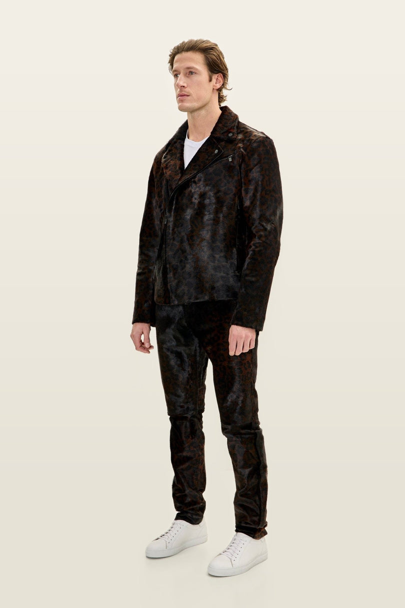 Calf Hair Asymmetric Moto Jacket - Black Leopard