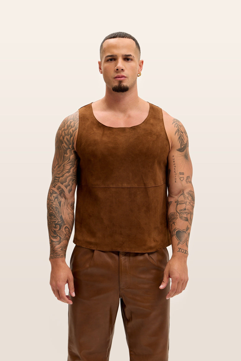 The Lambskin Leather Tank Top - Brown Suede