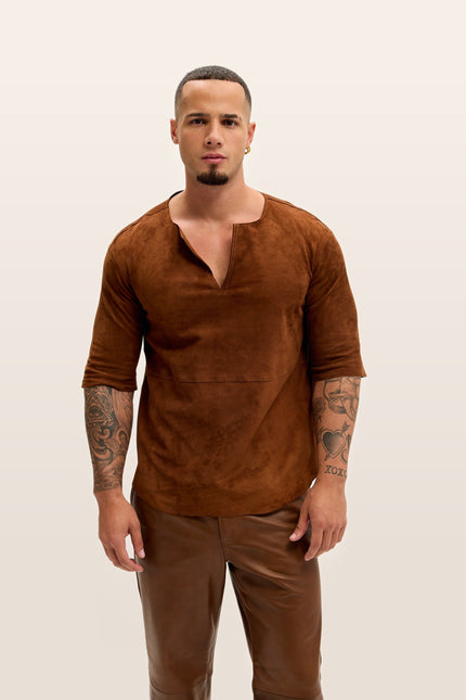 Lambskin Suede V-Neck Shirt - Brown Suede