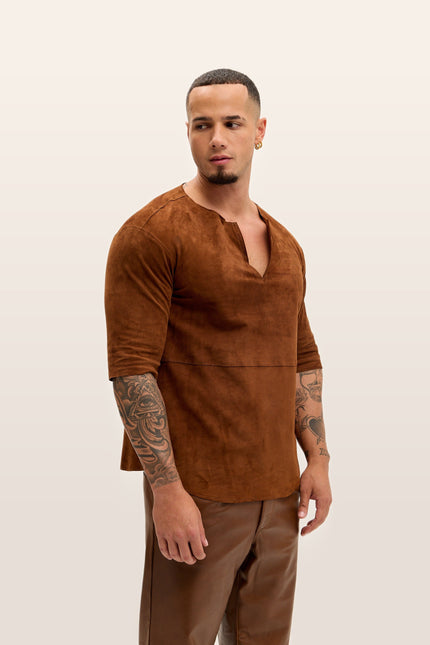 Lambskin Suede V-Neck Shirt - Brown Suede