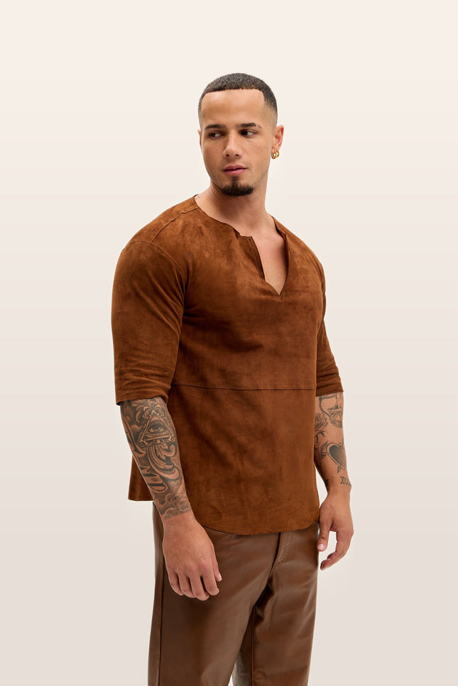 Lambskin Suede V-Neck Shirt - Brown Suede
