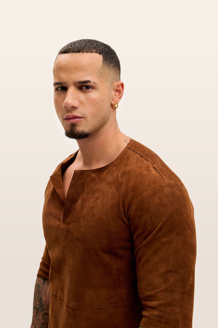 Lambskin Suede V-Neck Shirt - Brown Suede