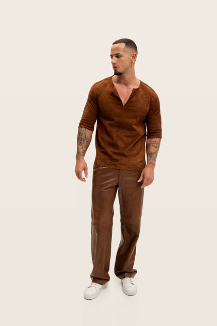 Lambskin Suede V-Neck Shirt - Brown Suede