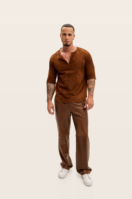 Lambskin Suede V-Neck Shirt - Brown Suede