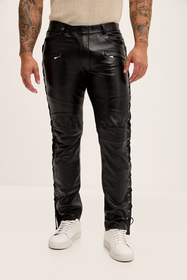 Lambskin Lace-Up Leather Pants - Black