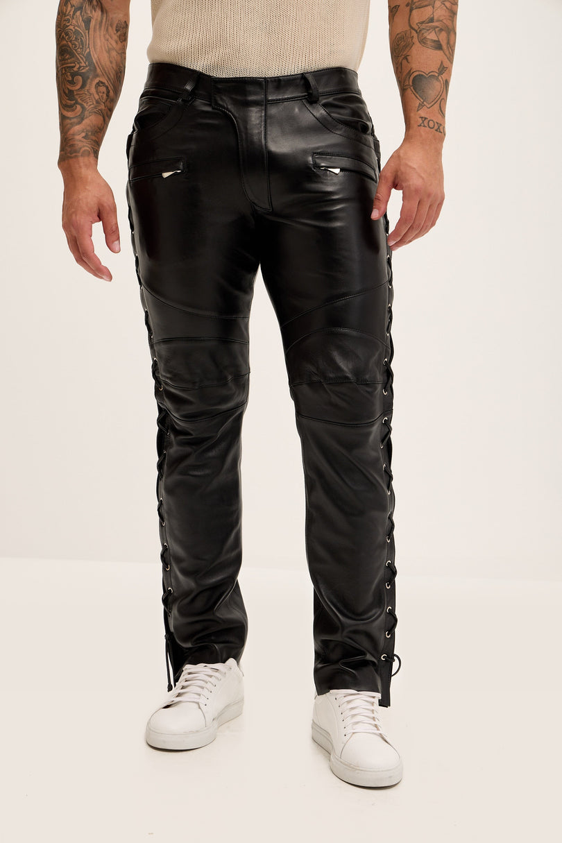 Lambskin Lace-Up Leather Pants - Black