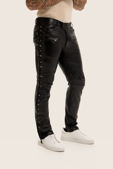 Lambskin Lace-Up Leather Pants - Black