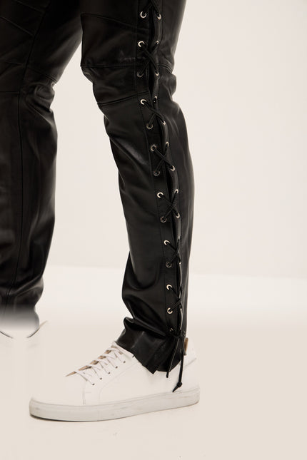 Lambskin Lace-Up Leather Pants - Black